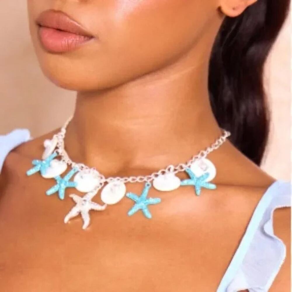 NWT Pretty Little Thing Pearl Silver Blue Starfish Shell Choker Necklace A0146